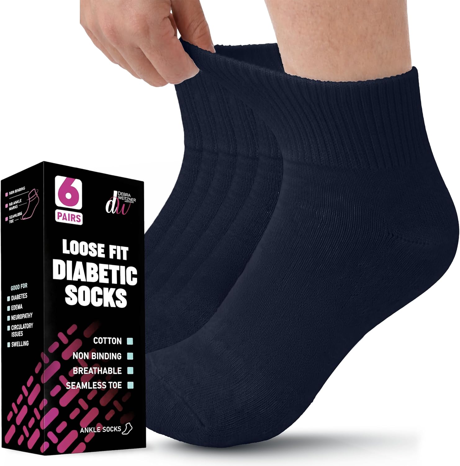 Debra Weitzner Diabetic Ankle Socks Mens Womens Non-binding Socks Loose Fit Navy 6 Pairs