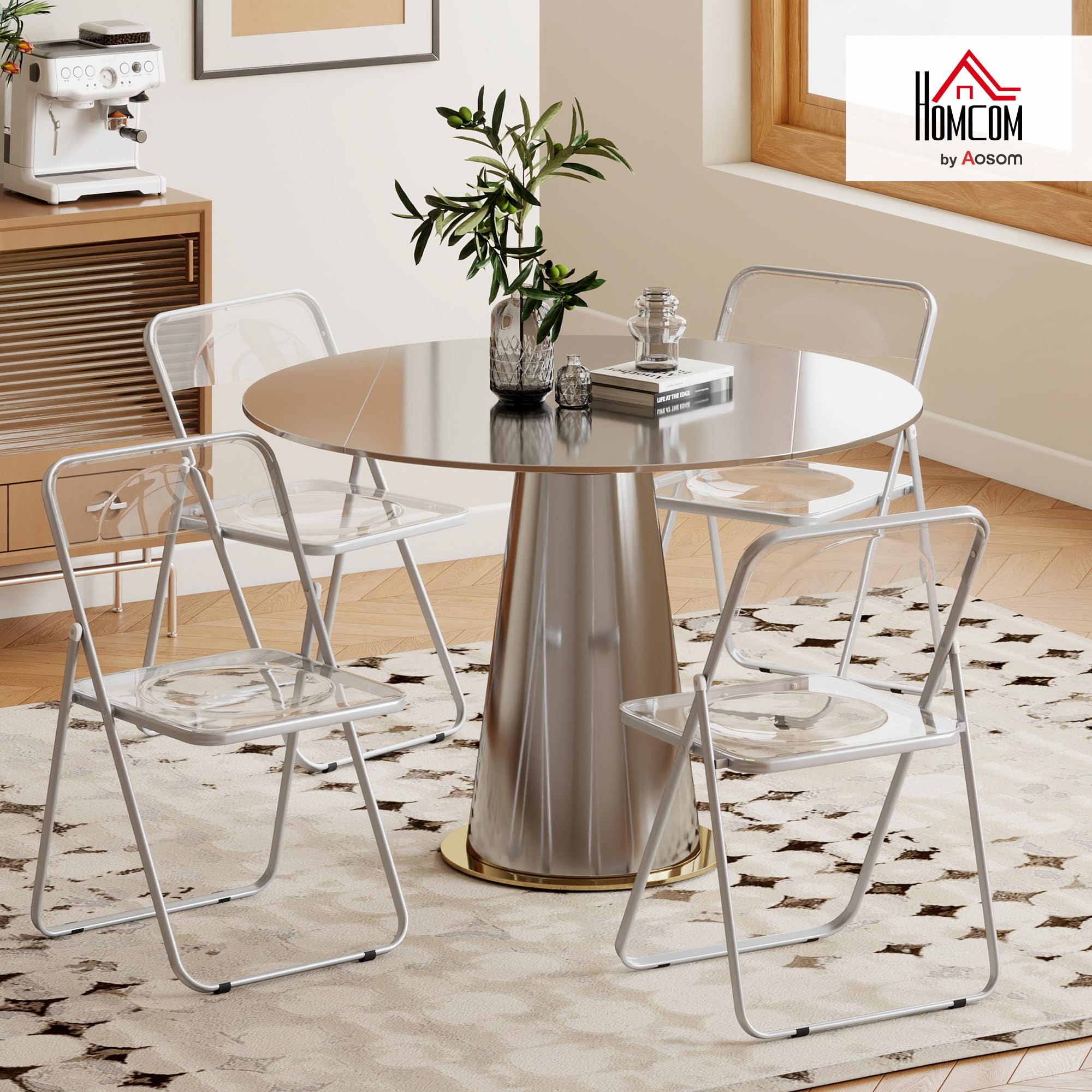 HOMCOM Lot de 4 chaises Pliantes en Acrylique et Acier, chaises Pliantes intérieures Portables pour Maison, Bureau, Salle à Manger, 47 x 48 x 75 cm, Transparentes