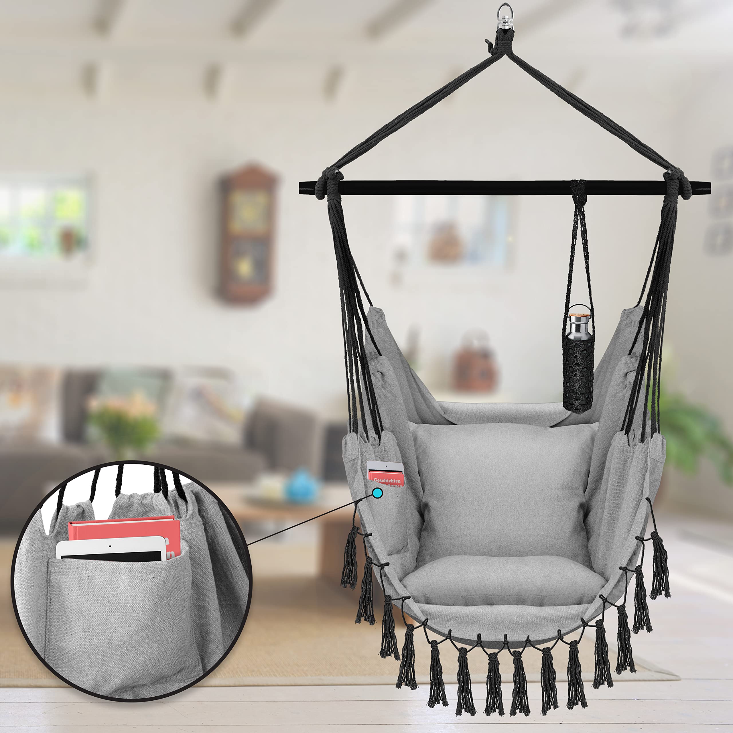 KESSER® Poltrona sospesa con 2 cuscini Portabevande e scomparto per libri - Sedia sospesa Safari XXL per adulti e bambini, Amaca con capacità di carico fino a 150 kg, interni ed esterni