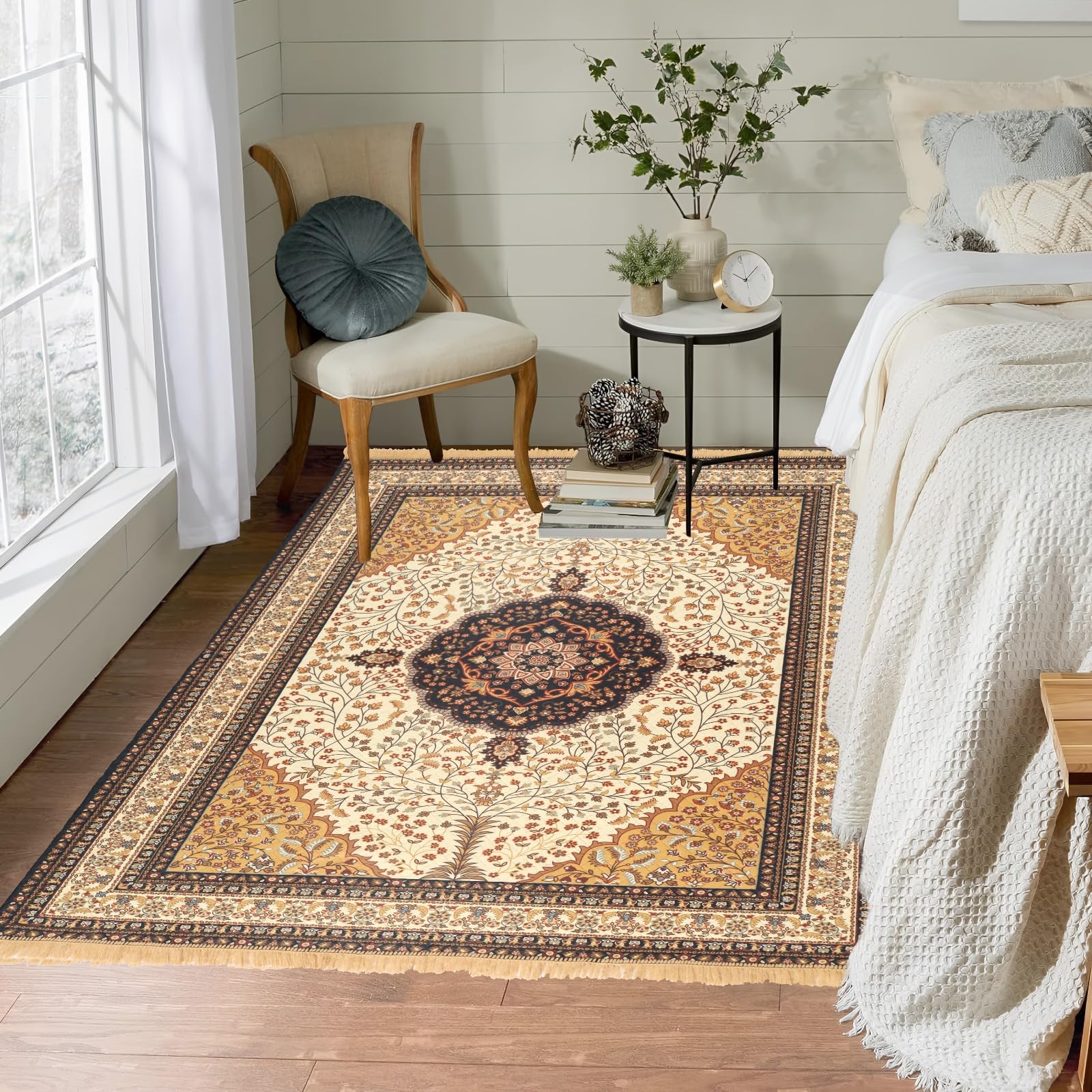 Linen Basics 5 x 7 Feet 3D Multi Printed Vintage Mandala Carpet Rug Runner and Carpets for Bedroom/Living Area/Home with Anti Slip Backing (Beige, 5x7 Feet)-image-43