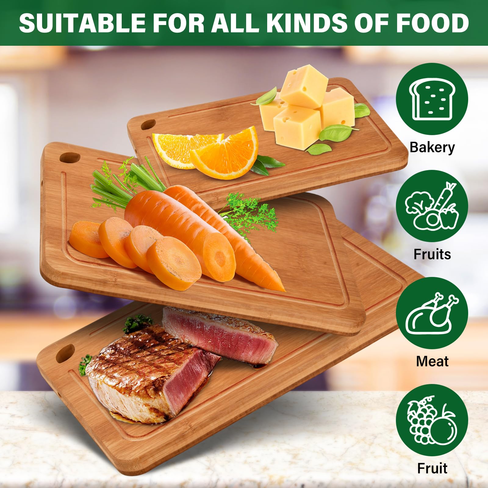 Set 3 Taglieri In Bamb&ugrave; MasterChef - Professionali Per Cucina, Antibatterici, Con Bordi Raccoghisucco