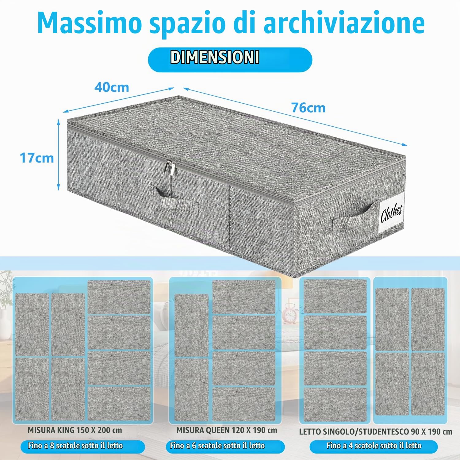 Scatola portaoggetti sotto il letto, con coperchio, 3 pezzi, pieghevole, lavabile, 3 manici, doppia chiusura lampo, per Dorm and Home, 76 x 38 x 17 cm