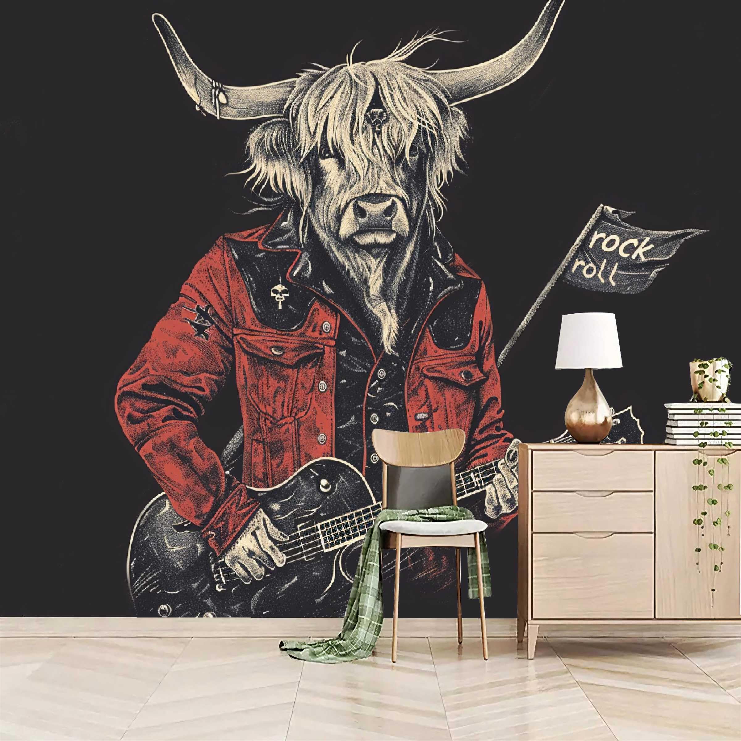 Fotomural Vaca Rock Música Guitarra Negro Fotomurales Decorativos Pared, Murales 3D Papel Pintado Pared Mate‌ Foto Mural Tejido no Tejido, Para Dormitorio Habitación infantil Salon 300x210 cm