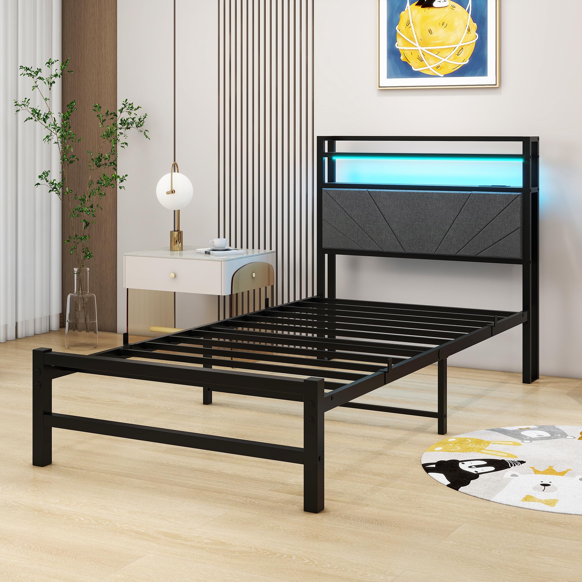 Cadre De Lit Double En Métal 135x190 Cm, Hauteur 12 Cm - Avec Support à Lattes En Acier, Pas De Sommier Nécessaire - Capacité 408 Kg, Assemblage Facile