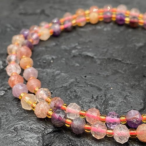 Miniatura 4 de ABCGEMS - Turmalina de cereza brasileña en cuentas de lepidolita (una revolucionaria técnica triangular de corte de diamante aporta un aspecto de