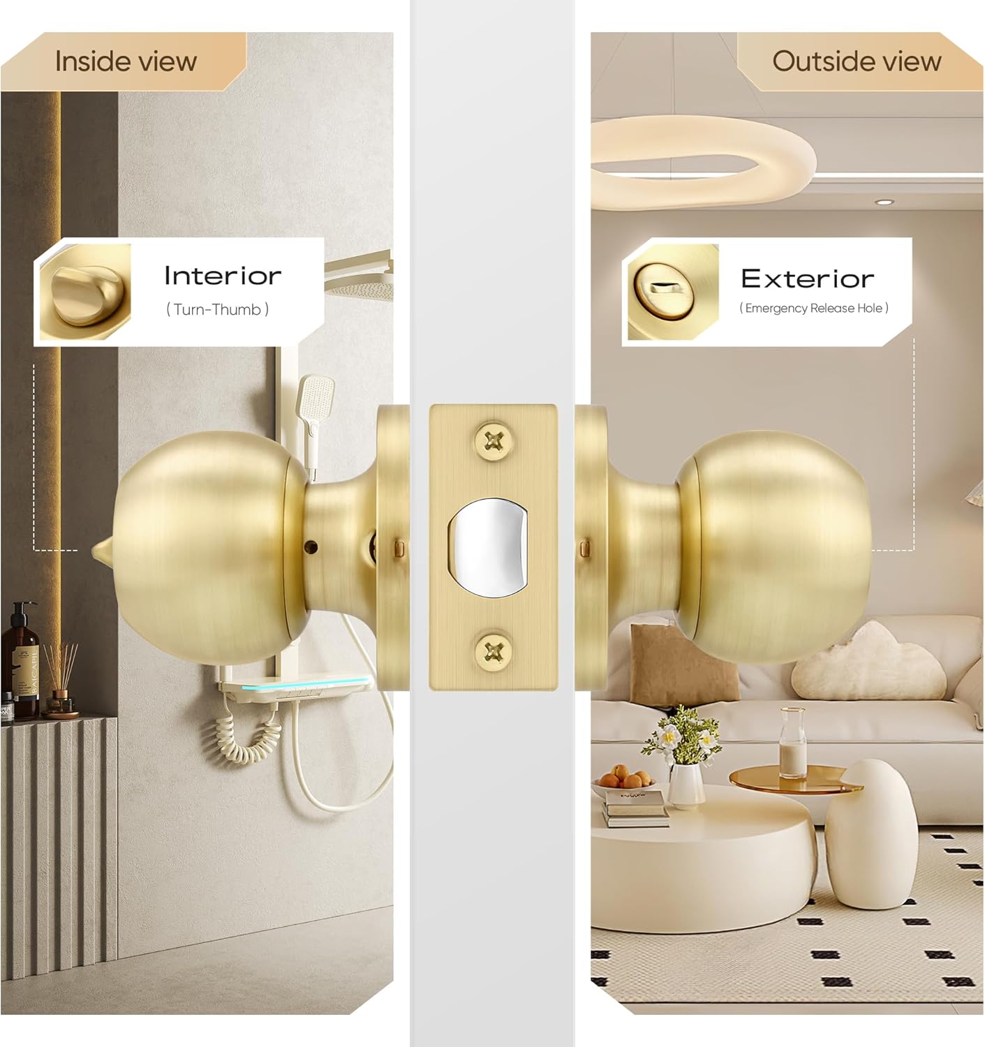 Leydebong 3 Pack Interior Door Knobs, Gold Keyless Privacy Door Knob, Bedroom Door Knobs, Round Privacy Door Knobs in Satin Brass Finish