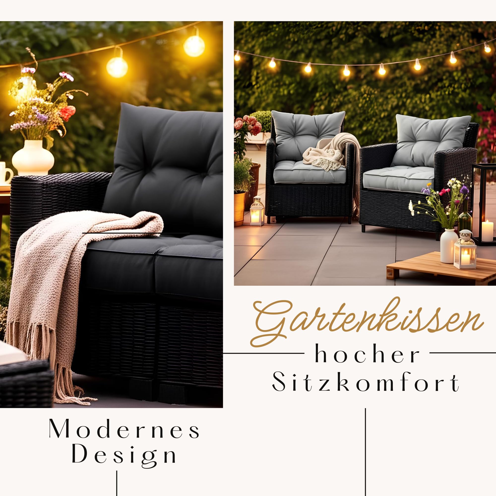Sitzauflagen Gartenmöbel mit Rückenkissen Set - Outdoor Polster für Gartenmöbel Auflagen Lounge-Kissen - 2-er-Set: Sitzkissen 50x50 cm mit Rückenkissen 50x40 cm