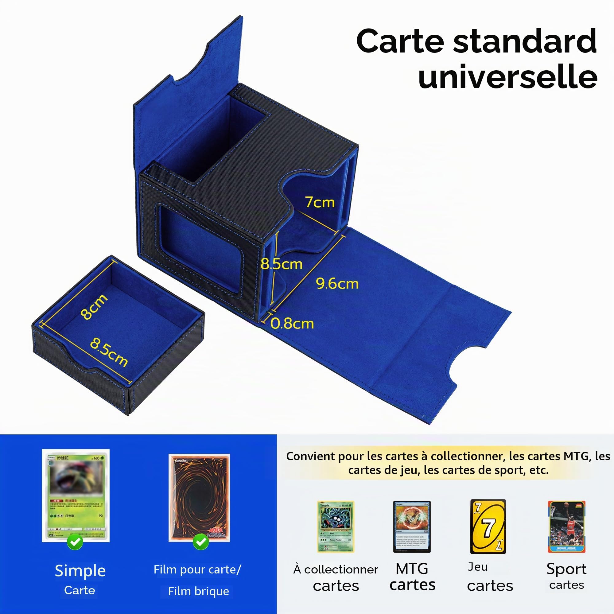 Boîte de Rangement Magnétique en Cuir PU pour 100 Cartes MTG, 2 Présentoirs Commander avec Tiroir, Card Deck Box Pour Cartes Magic Commander TCG - Bleu