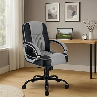 Zidle Paris Mid Back Office Chair, Grey Leatherette Ergonomic Design with Height Adjustment, Metal Chrome Base, 360° Swivel for Study and Work from Home & 1 yrs Parts Replc. Warranty