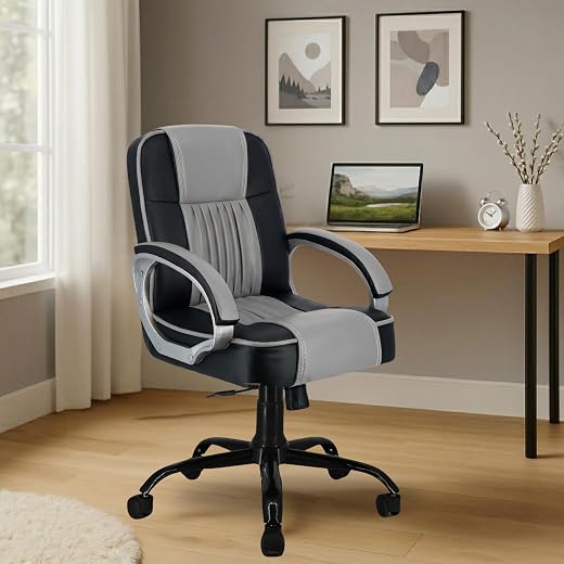Zidle Paris Mid Back Office Chair, Grey Leatherette Ergonomic Design with Height Adjustment, Metal Chrome Base, 360° Swive...