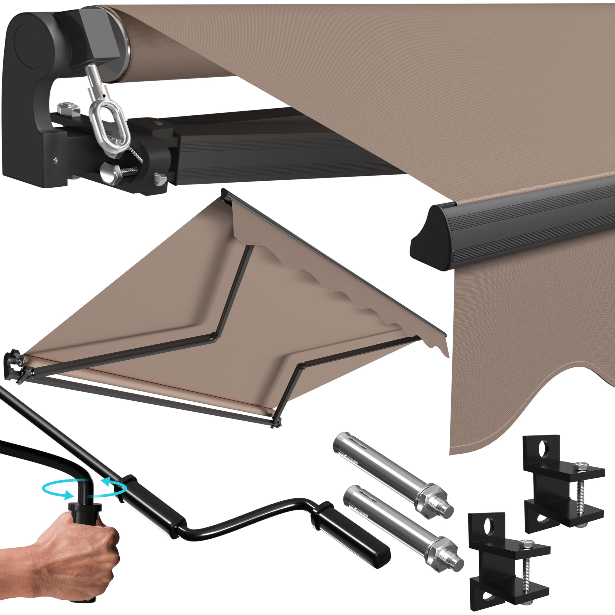 KESSER® Toldo articulado con brazo articulado, 300 x 250 cm, toldo para terraza, toldo con pinza, incluye soporte de pared, protección solar, toldo impermeable de aluminio/poliéster, color topo