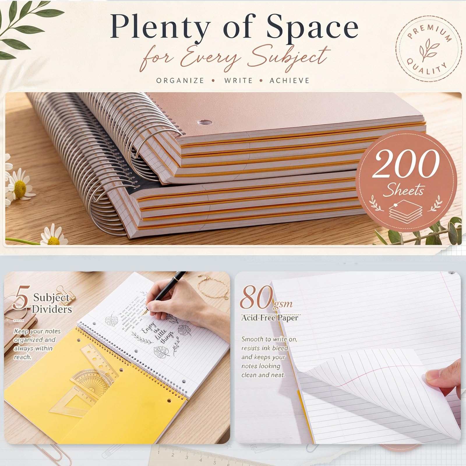 Qilery Paquete de 6 cuadernos de 5 asignaturas con rayas universitarias con tapa dura, 200 hojas gruesas, diario en espiral de 8 x 10.5 pulgadas, cuaderno grueso de 3 agujeros, colores surtidos, línea