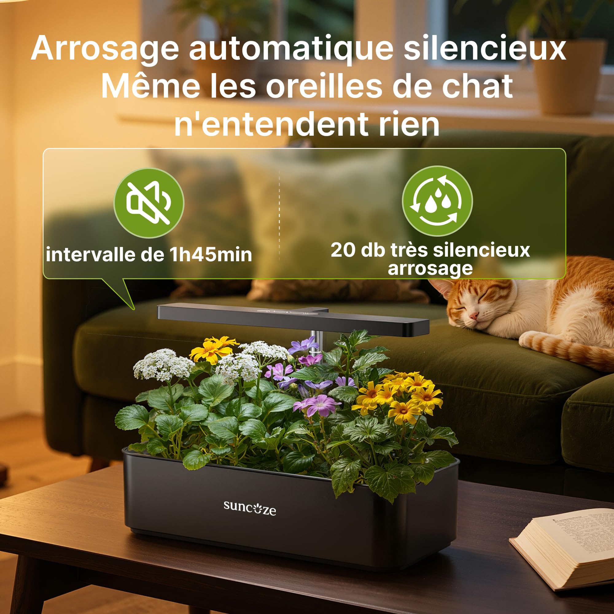 SUNCOZE Potager Hydroponique Smart avec 12 Paniers, Noir | Jardin d'Herbes avec Lampe LED 24W, Hauteur Réglable, Réservoir 4L, Pompe Intelligente Silencieuse, pour Maison et Cuisine