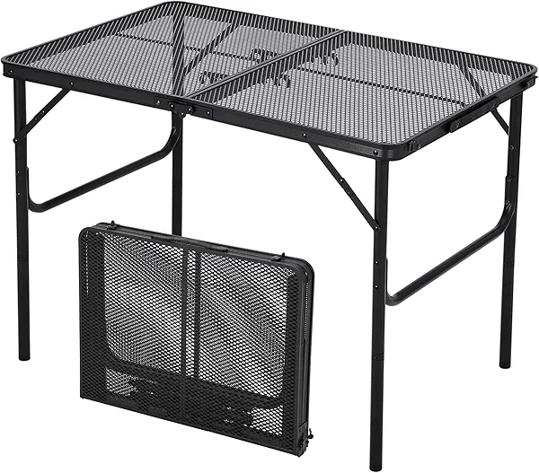 GarveeLife 3x2FT Folding Grill Table, Portable Camping Table with Mesh Desktop, Height Adjustable Lightweight Metal Grill Table, for Outdoor Camping, BBQ, Picnic, Travel Cooking, Black