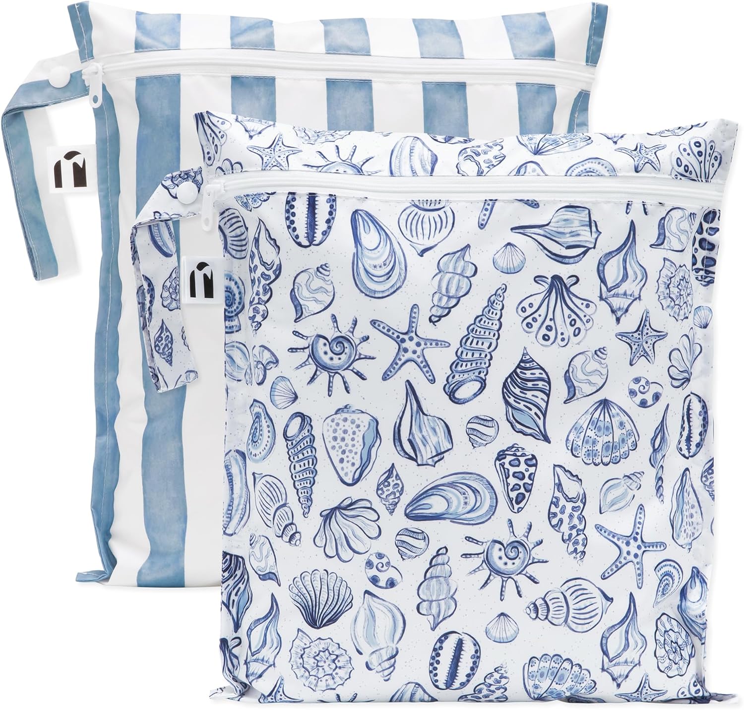 Bumkins Roamio – Waterproof Wet Bag – For Baby, Travel, Swim Suit, Cloth Diapers, Pump Parts, Pool, Gym, Toiletry, Strap to Stroller – Reusable & Easy to Clean – 2pk – Blue Stripes & Shells