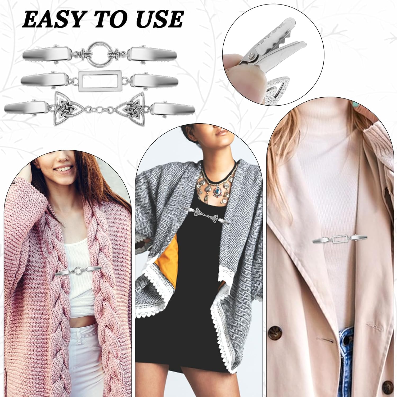 Vintage Dress Clips Back Cinch, Shawl Sweater Brooch Shirt Clips for Women Clothing Waist Cincher Clip Retro Cardigan Collar Clips Scarf Clip for Women Girls, 3 Styles, Silver