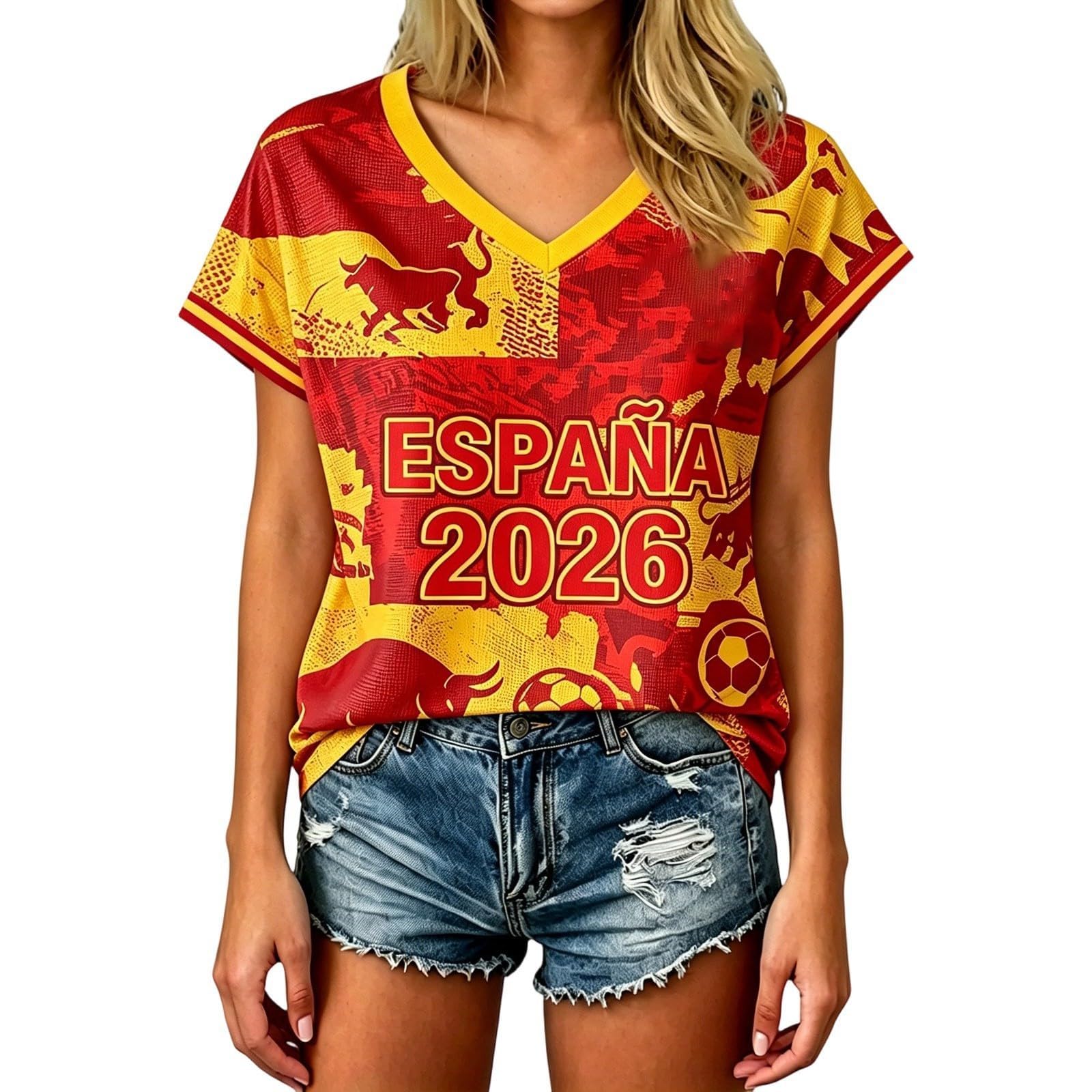 Spain Football T-Shirt for Women Short Sleeve V-Neck Shirts Spain Flag Comfortable Casual Tee Retro Soccer Jersey Adult and Kids Summer Tops (3-Wine, 10-11 Years)