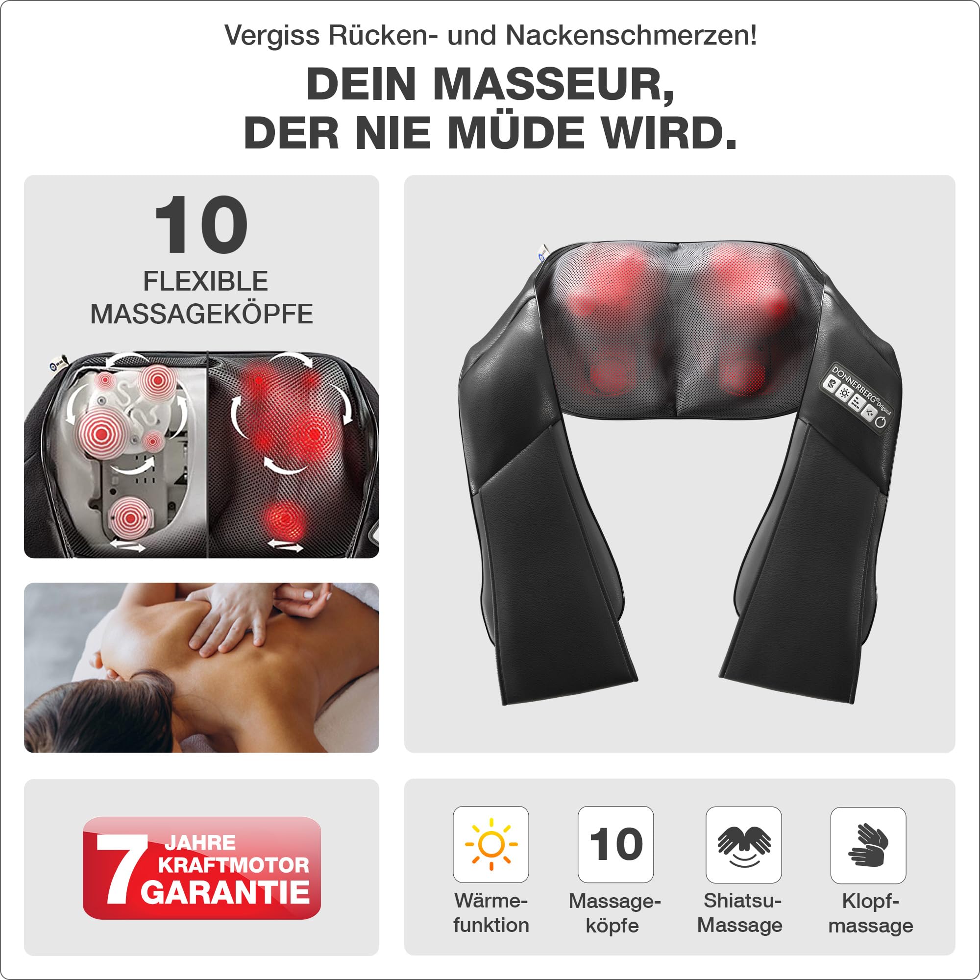 DONNERBERG® Klopfy Entspannung für Ihren Rücken Shiatsu und Klopfmassage Nackenmassagegerät mit Wärmefunktion 7 Jahre Kraftmotor Garantie TÜV Süd geprüft