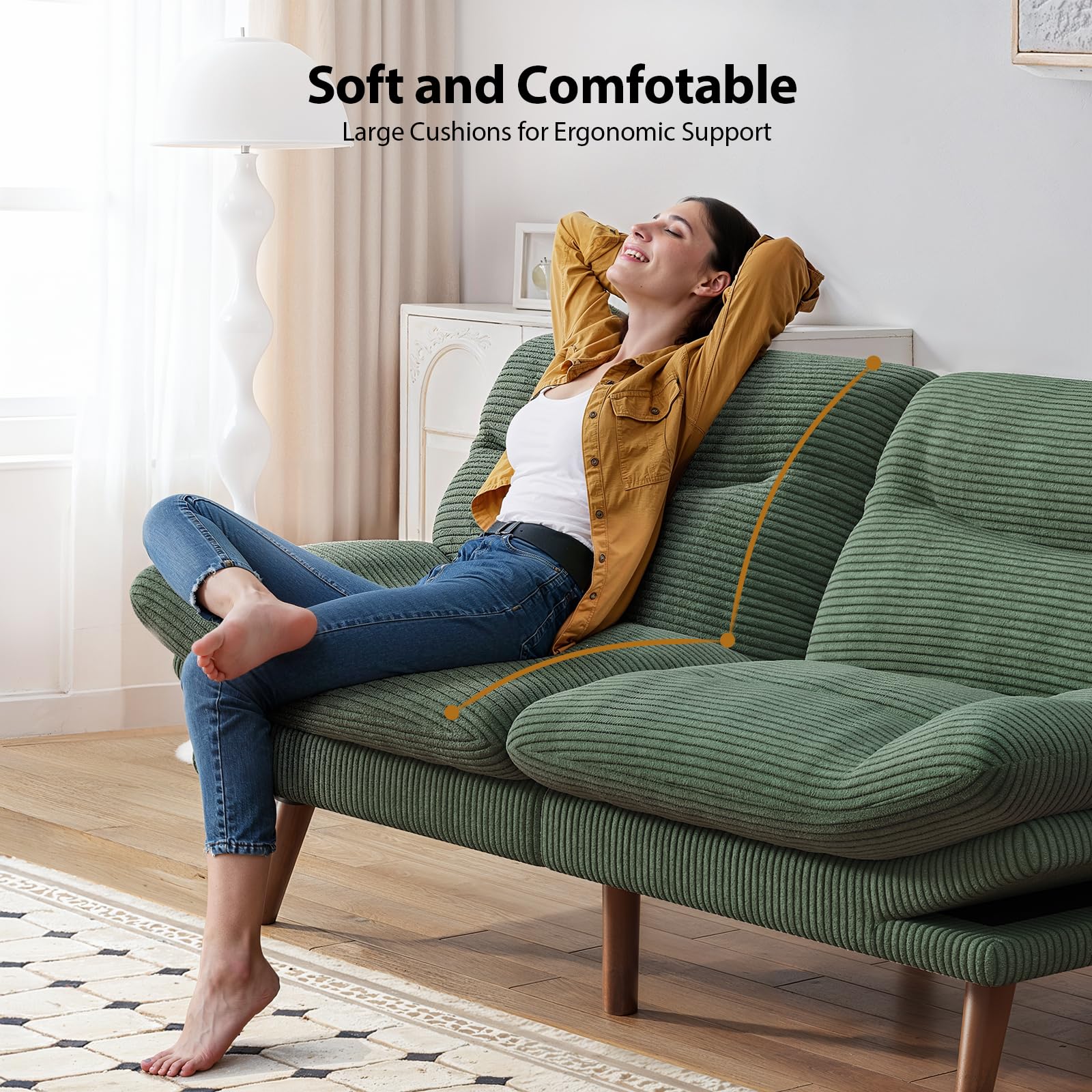 Pipishell 75" Convertible Futon Sofa Bed with Adjustable Armrests, Green | 3-in-1 Sofa, Recliner and Bed, 3-Position Adjustable Backrests, 5-Level Adjustable Armrests, Corduroy Fabric, Small Space Use