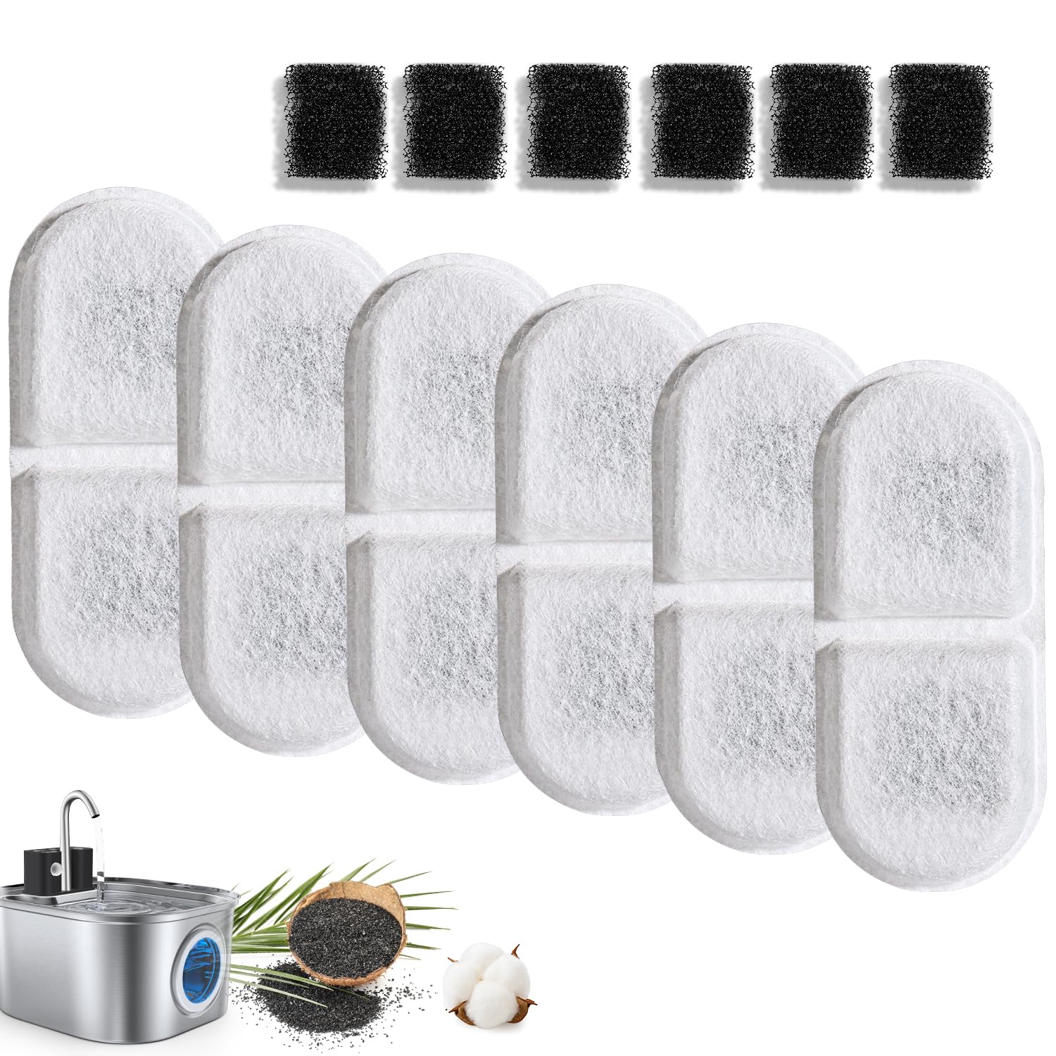 CityFlee Cat Water Fountain Filter Replacement,12 Pcs(6 Carbon+ 6 Sponge) for Pets Automatic Water Dispenser for Dogs, Compatible with 2.2L/3L/3.2L/3.5L Stainless Steel Cat Fountains