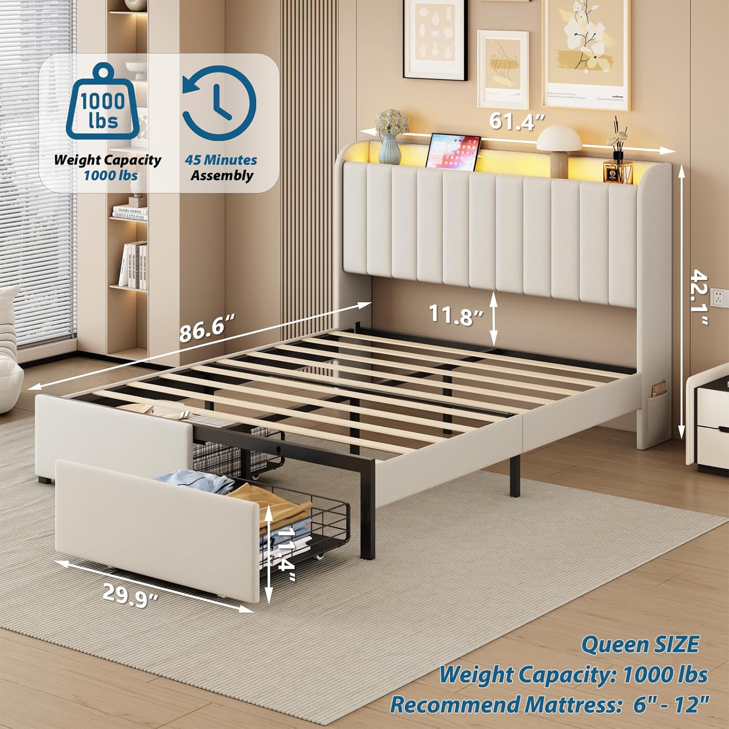 Queen Bed Frame with Storage Drawers, LED Bed Frame with Charging Station, Velvet Channel Tufted Upholstered Headboard, Wood Slats Support Noise-Free, No Box Spring Needed, Beige