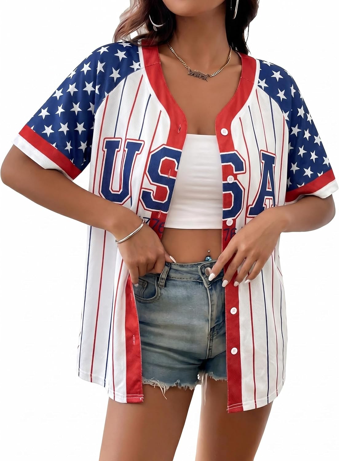 USA Flag Baseball Jersey for Women 4th of July Button Down Shirt V Neck Patriotic Tee 250th Anniversary Top