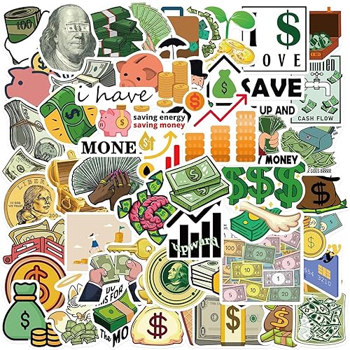 Love Money Stickers 50pcs Cute Gold Coin Decals for Laptops Trackpads Keyboards Backpacks Skateboards Luggage Water Bottles Scrapbooks Mirrors Notebooks Journals Cars Bumpers Bikes Bedroom Travel Case