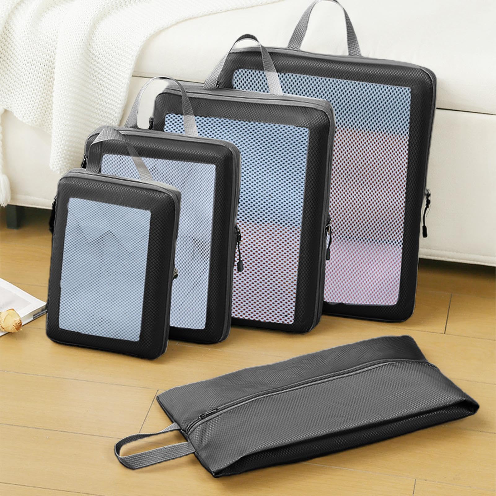 Borse organizer, borse a compressione per viaggi, set di 8 tasche impermeabili per valigia, contenitore per abiti con cerniera e manico per dormitori, soffitta e