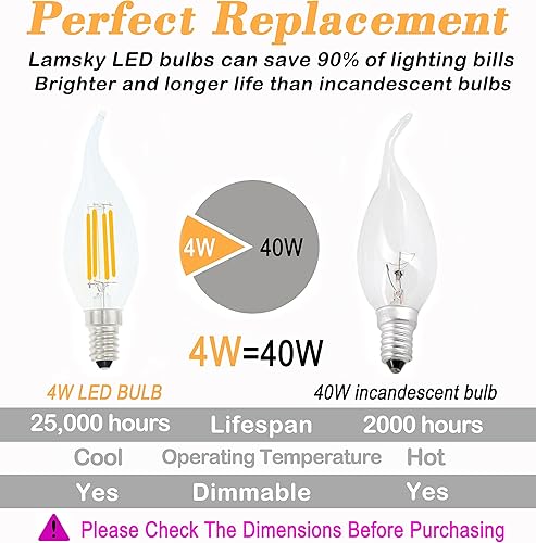 Miniatura 3 de Lamsky Bombilla LED E14 con base europea de 4 W, bombillas LED regulables equivalentes a 40 W, bombillas LED con punta de llama, 110 V, 4000 K,