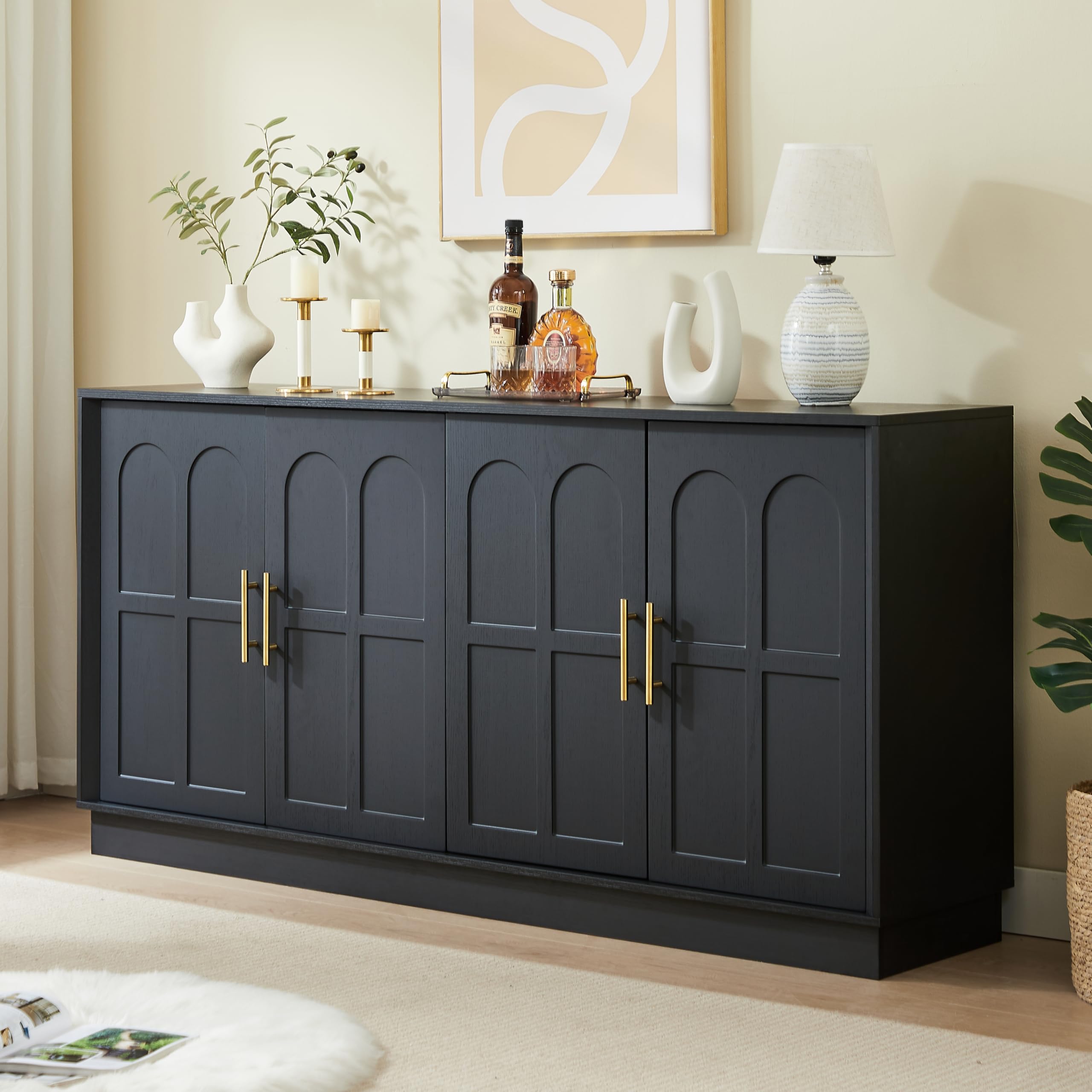 BTM Extra großes Sideboard mit Stauraum, Moderne Vitrine gewölbter Front, 169 cm Langer TV-Schrank, geeignet für Wohnzimmer/Küche/Esszimmer/Flur, schwarz,169x40x80cm
