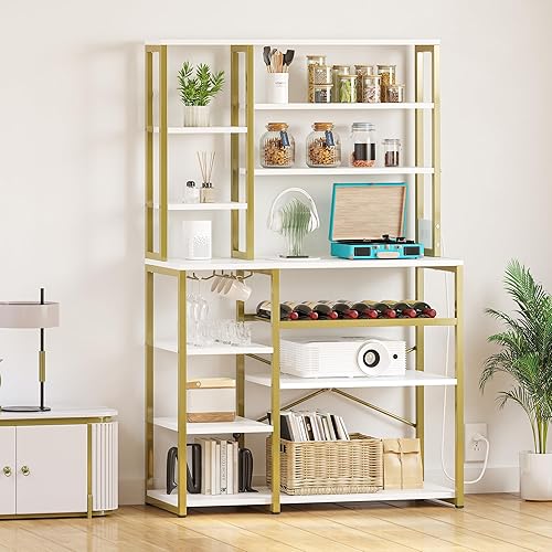 Miniatura 6 de YITAHOME Soporte para microondas de cocina, barra de café con toma de corriente, estantes de almacenamiento altos independientes grandes de 39