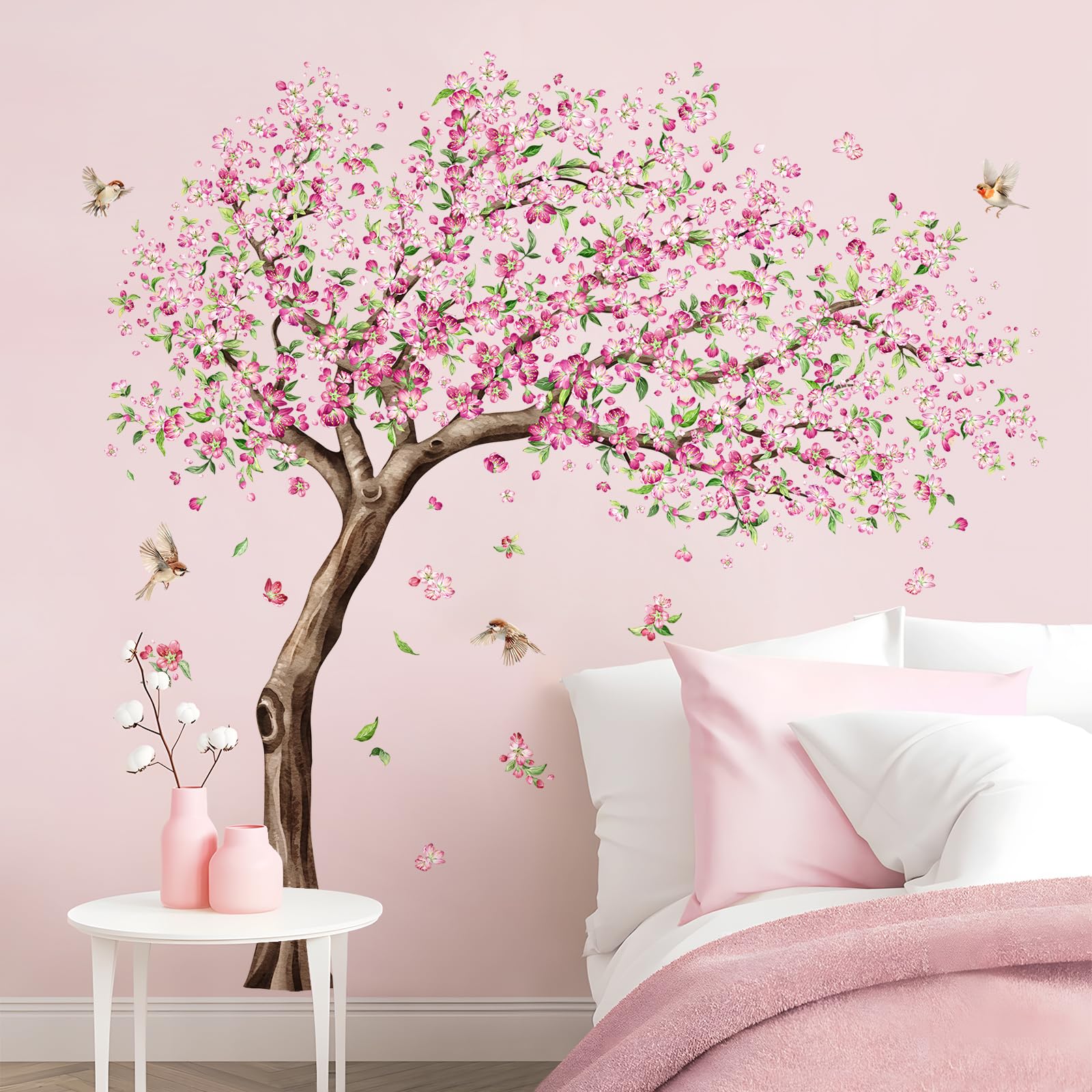 Tanlaby Large Cherry Blossom Tree Wall Decals Pink Peach Flower Tree Wall Stickers with Hummingbirds Peel and Stick Spring Wall Art Decor for Girls Kids Bedroom Nursery Living Room TV Decoration
