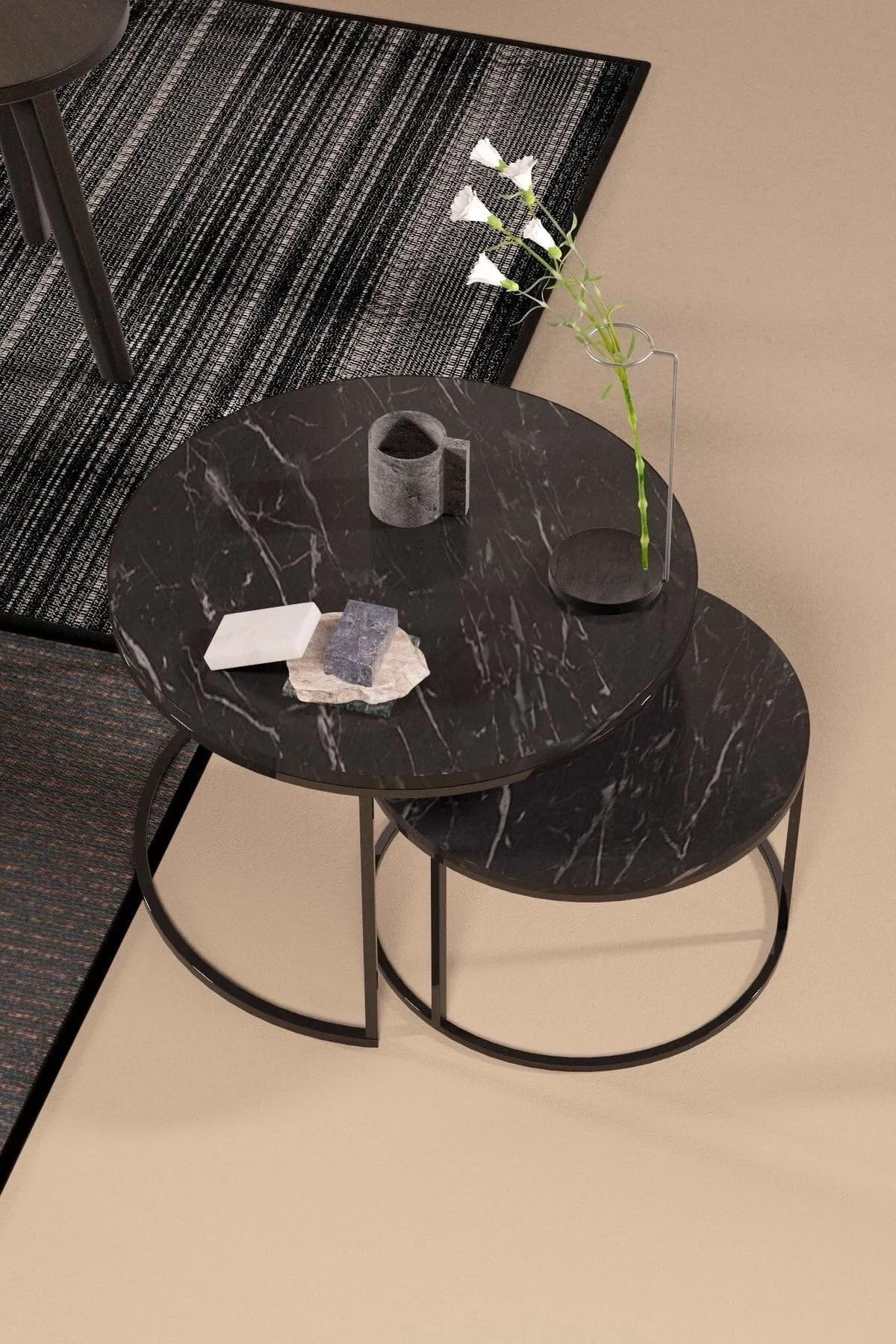 Couchtischset Skagen Kaffeetisch im 2er Set Satztisch 2-TLG für Wohnzimmer Flur aus Metall und Spanplatte Wohnzimmertisch Beistelltisch Set Moderne Couchtische für Wohnzimmer (Black-Marble)
