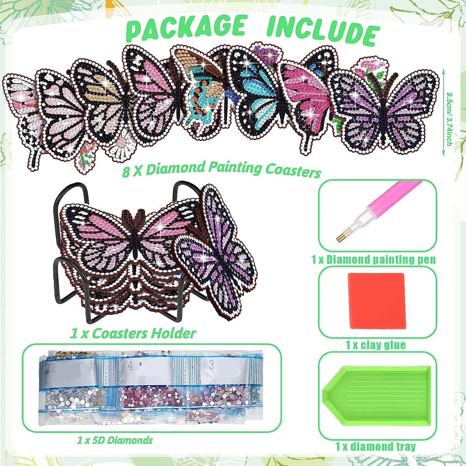 AiYuanzsh 8 Pack Butterfly Shaped Diamond Painting Coasters with Holder – DIY Rhinestone Cup Mats Set for Table Decoration, Bling Craft Kit & Gift for Women Adults