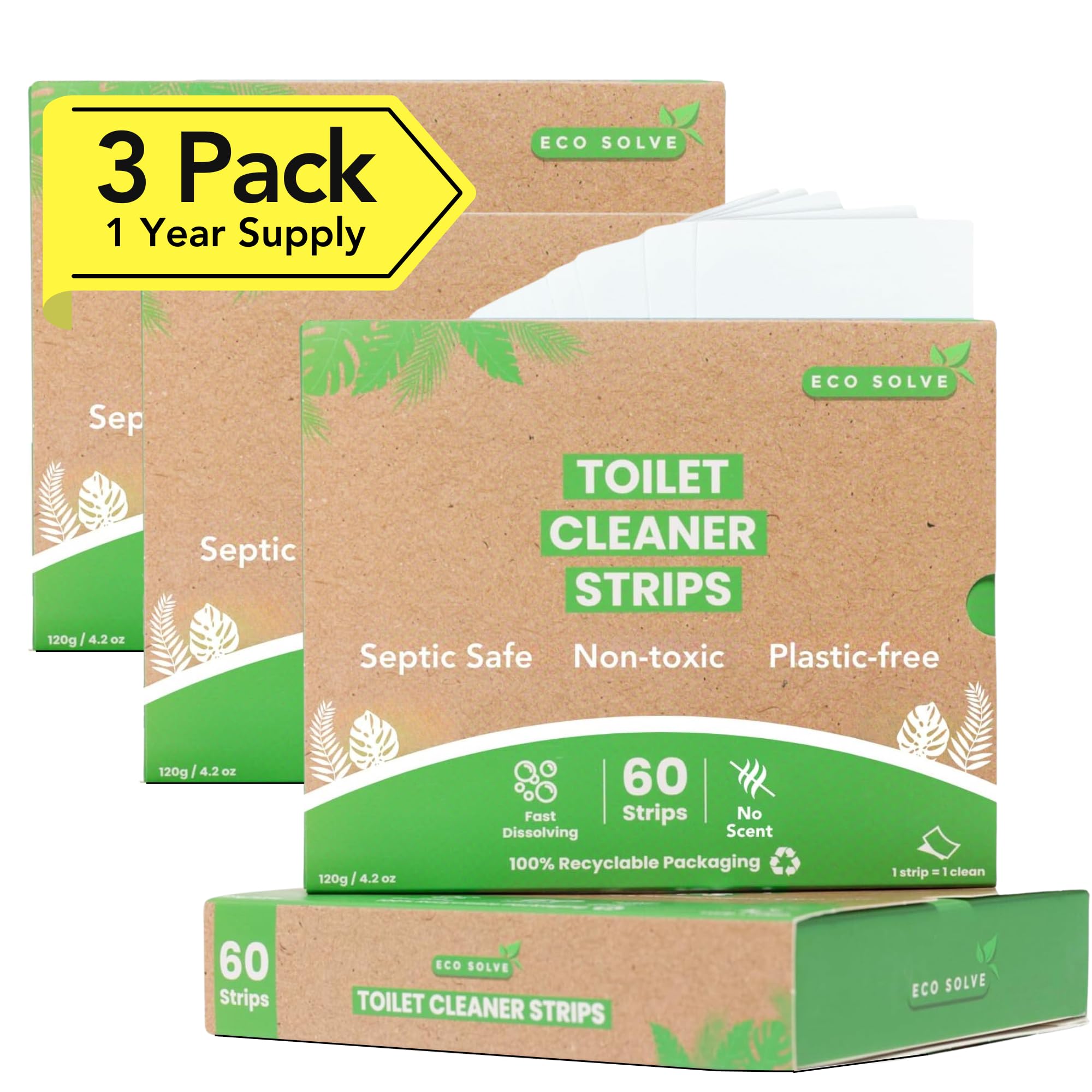 Natural Toilet Bowl Cleaner Strips, Unscented, Eco-friendly, Non-toxic, Septic Safe, Removes Odors &amp; Stains, Plastic-free, Toilet Bowl Cleaner for Quick and Easy Cleaning (180 count)