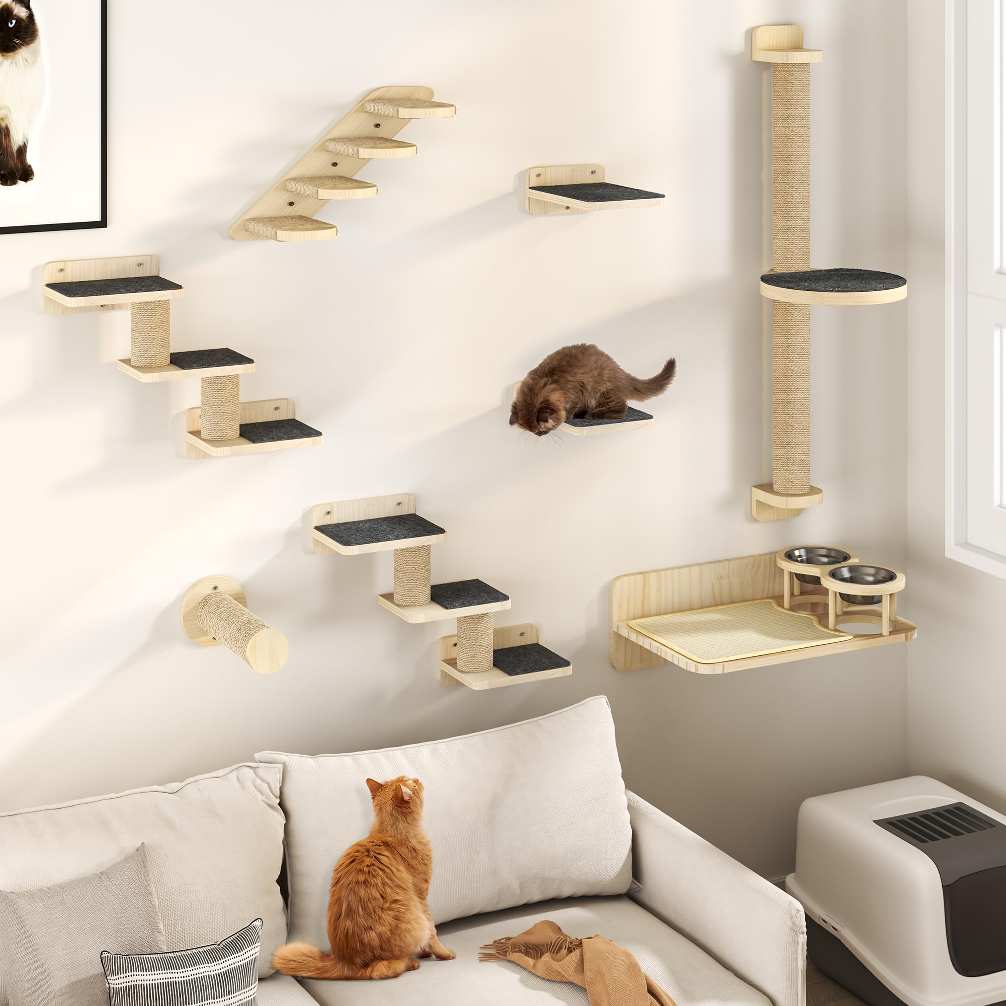YITAHOME Estante de Pared para Gatos trepadores de 8 Piezas, Muebles de Pared de Madera para Gatos con Cuenco