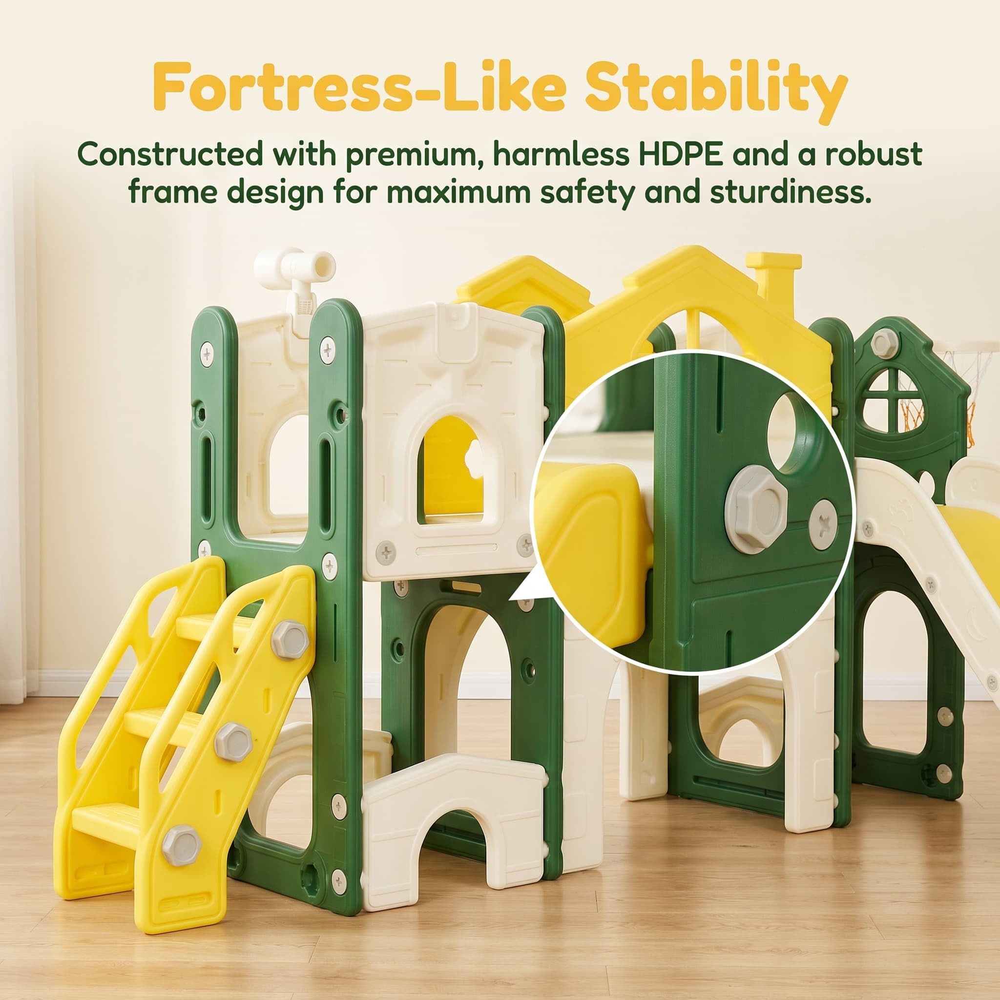 7 in 1 Kinderrutsche mit Kletterleiter,Indoor Outdoor Kinderspielplatz | Kleinkinderrutsche mit Basketballkorb, Klettergerüst, Teleskop, Tunnel, Plattformgang, Aufbewahrungskorb, Kinder Spielplatz