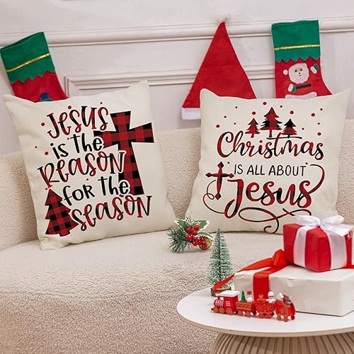 Miniatura 5 de AnyDesign Juego de 4 fundas de almohada navideñas de 18 x 18 pulgadas, diseño de cuadros de búfalo rojo y negro, funda decorativa para sofá y casa