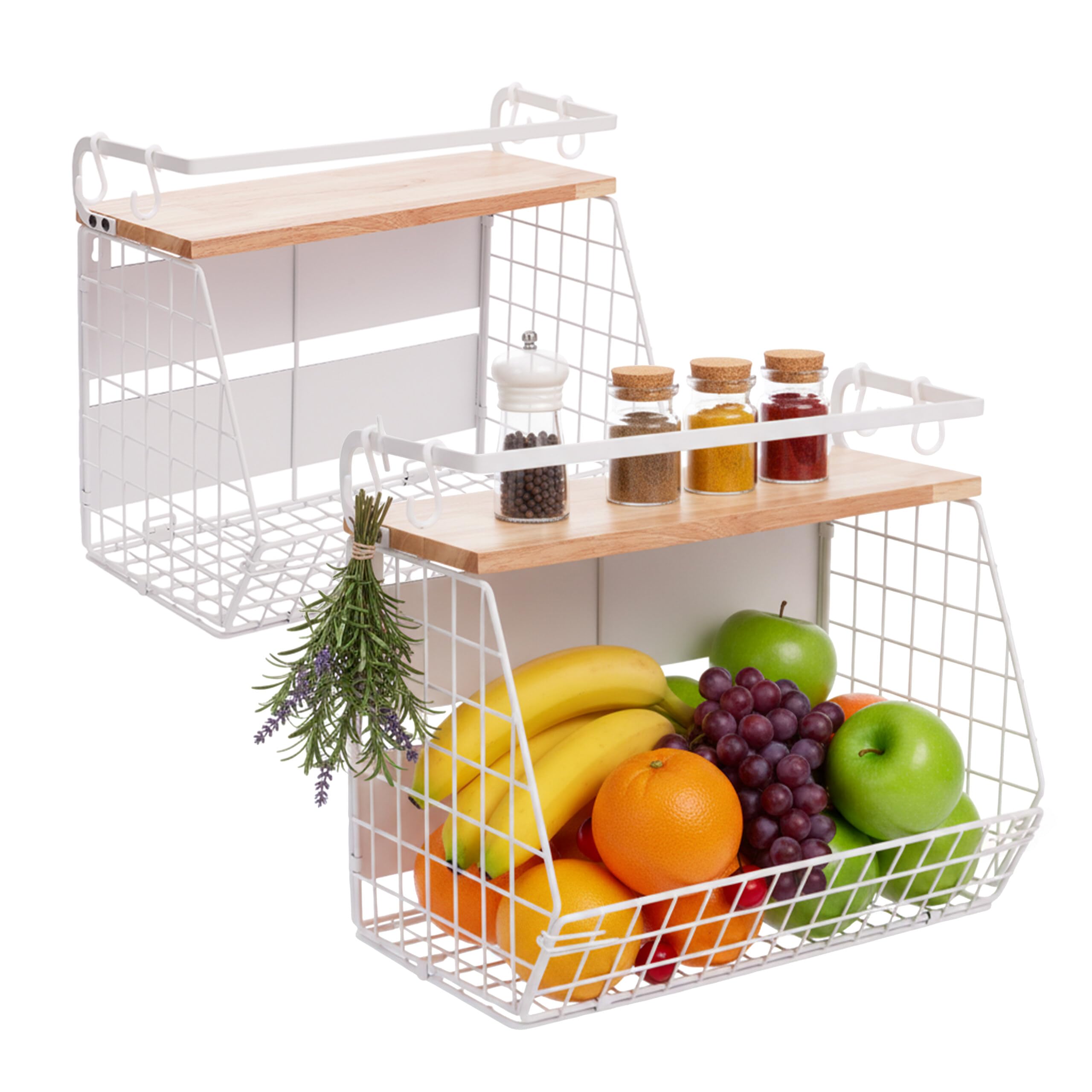 Relaxdays Frutero magnético de Pared, Set de 2, Madera/Metal, 30x35,5x21 cm, Blanco/Natural