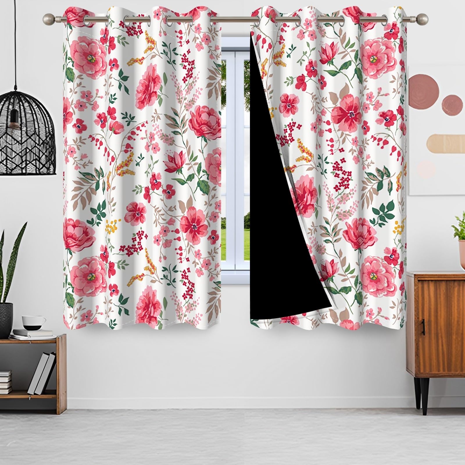 117x183cm Cortina con Ojales de Flores Rosa Floral Estético Botánico Granja Estilo campestre Aislantes Térmicas Cortinas para Ventanas Dormitorio de niña Sala de Estar,2 Panels