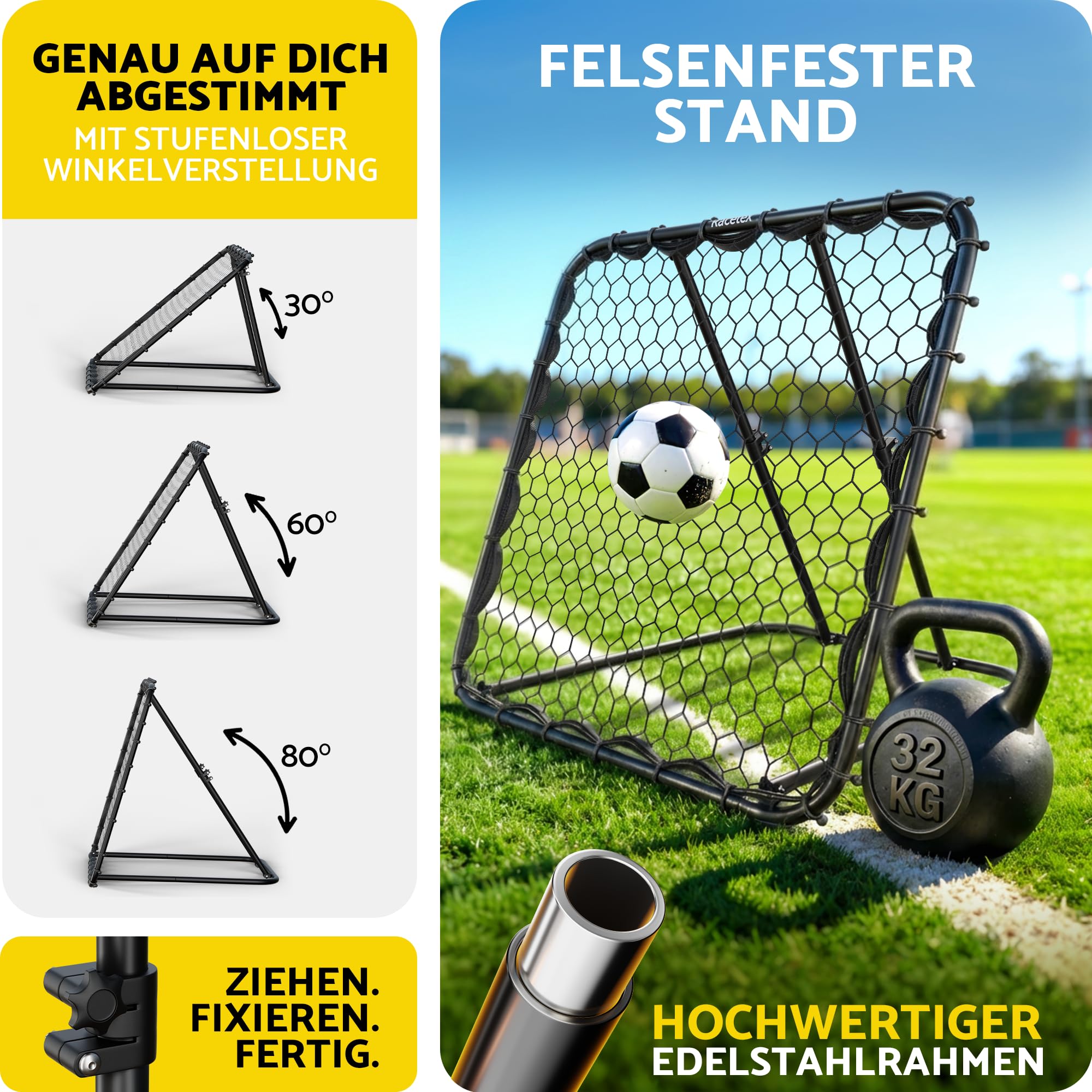 Racetex Rebounder für Fußball-Fussball Rebounder mit robuster Konstruktion | Stufenlos Verstellbar - Rebounder für Schuss-, Pass- und Ballannahme Training. Optimales Fußballtraining für Kinder im Garten