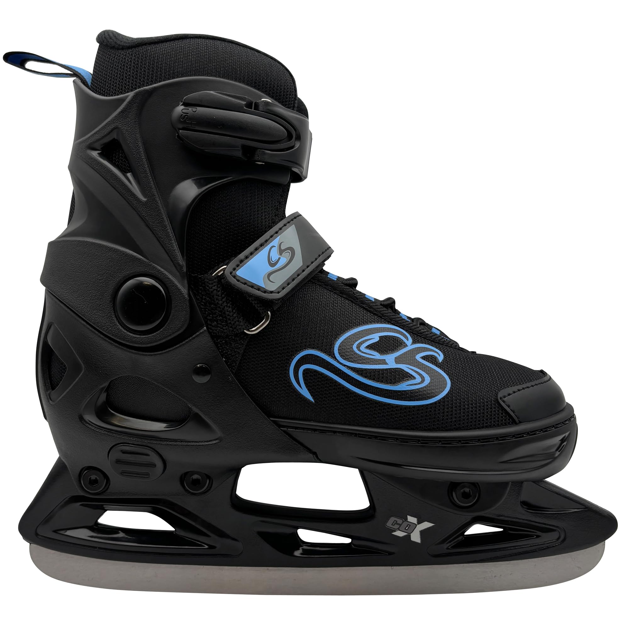 Cox Swain verstellbare Schlittschuhe Crystal, Eislaufschuhe für Kinder, Jugendliche und Erwachsene bis 100KG, vorgeschliffene Edelstahlkufe, Softboot, Black/Blue Gr. XS (29-32)