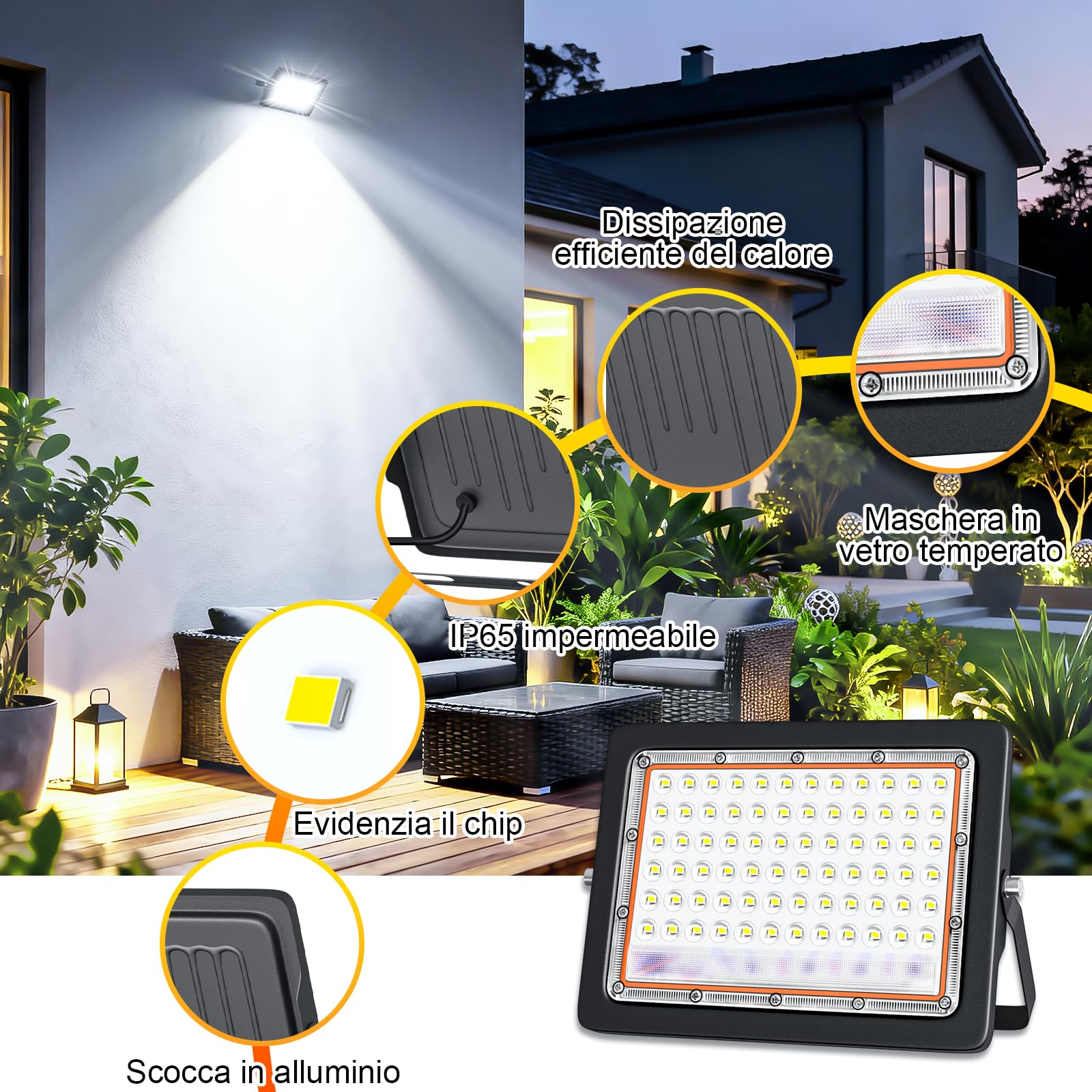 CREATESTAR 100W Faretto LED da Esterno,2pcs Faretto Led con Spina,6500K bianco naturale,Super illuminoso Faro led da 10000 lumen Faretti led Impermeabile IP66 per cortile, giardino, garage, tetto.