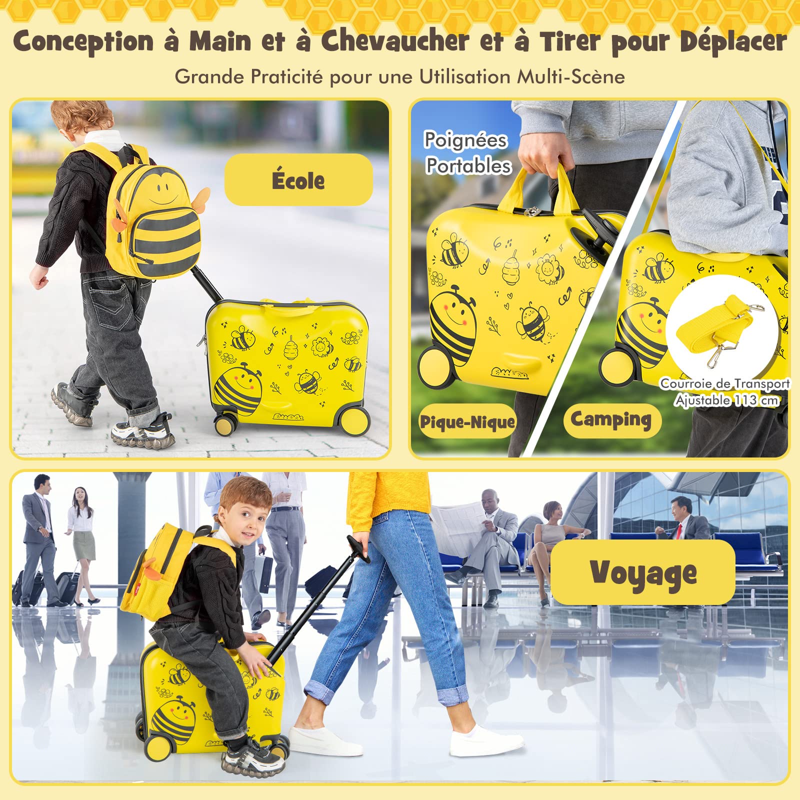 DREAMADE Valise Roulette Enfant 18" et Sac à Dos 12" avec Bandoulière Réglable Bagage Cabine Enfant 3+Ans avec Roues Pivotante 360° Bagage à Main Fille et Garçon Charge 50KG+8KG (Abeille)
