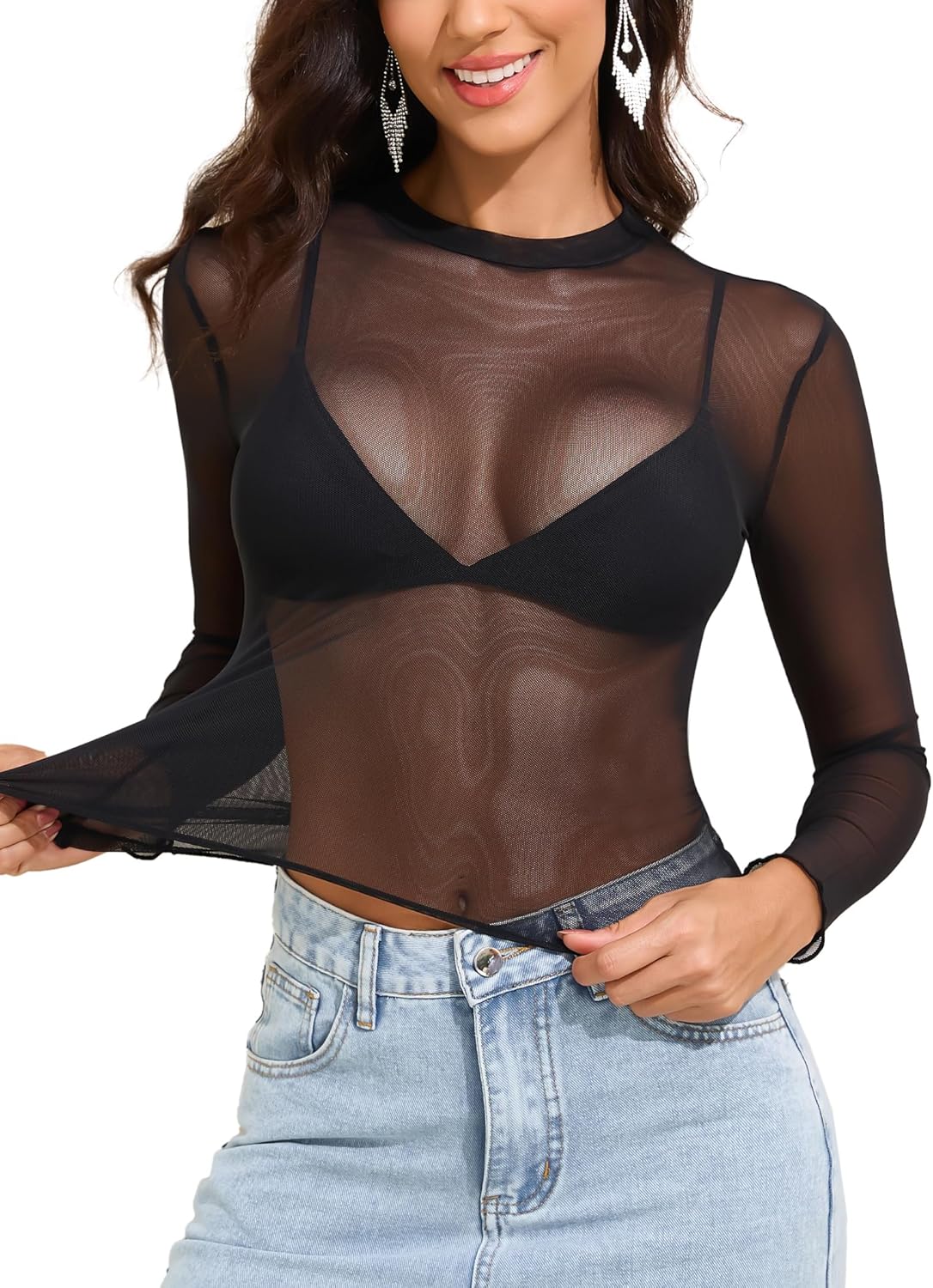 YYA Sparkly Mesh Top for Women Long Sleeve Round Neck Mesh Shirt Sheer Shiny Top Solid Floral Tee Shirts S-XXL - Image 6