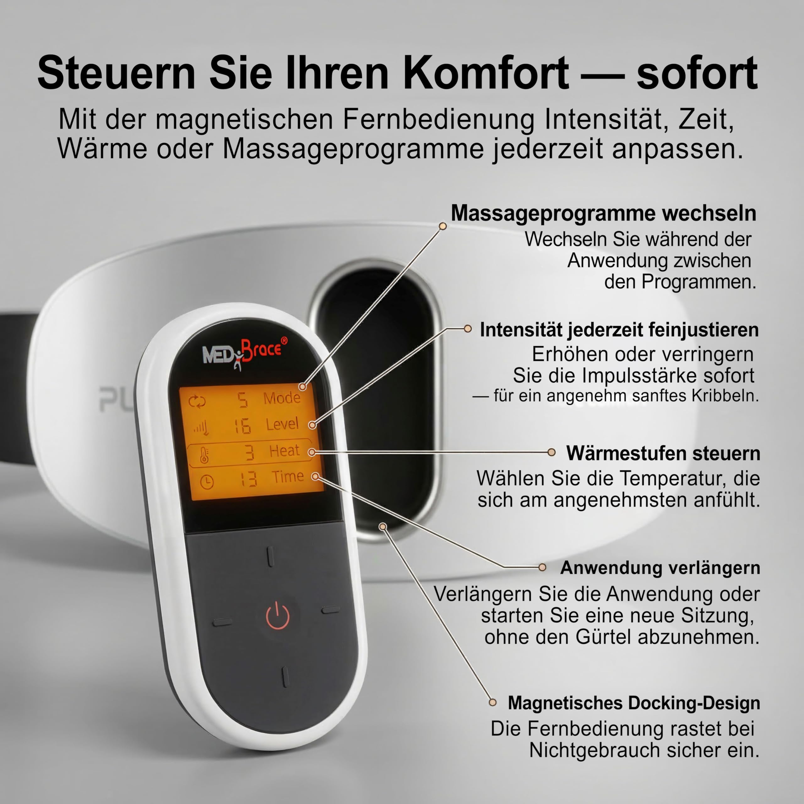 MEDiBrace PULS8 Lenden- & Bauch-Pulsmassage-Gürtel für den unteren Rücken mit Wärmefunktion, USB-C-wiederaufladbar, kabellos, Rotlicht (LED)