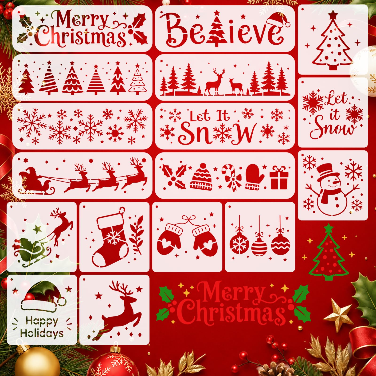 17 stencil natalizi da dipingere, riutilizzabili, stencil decorativi da parete, con frasi natalizie, tela, mobili, tessuto e decorazioni fai da te