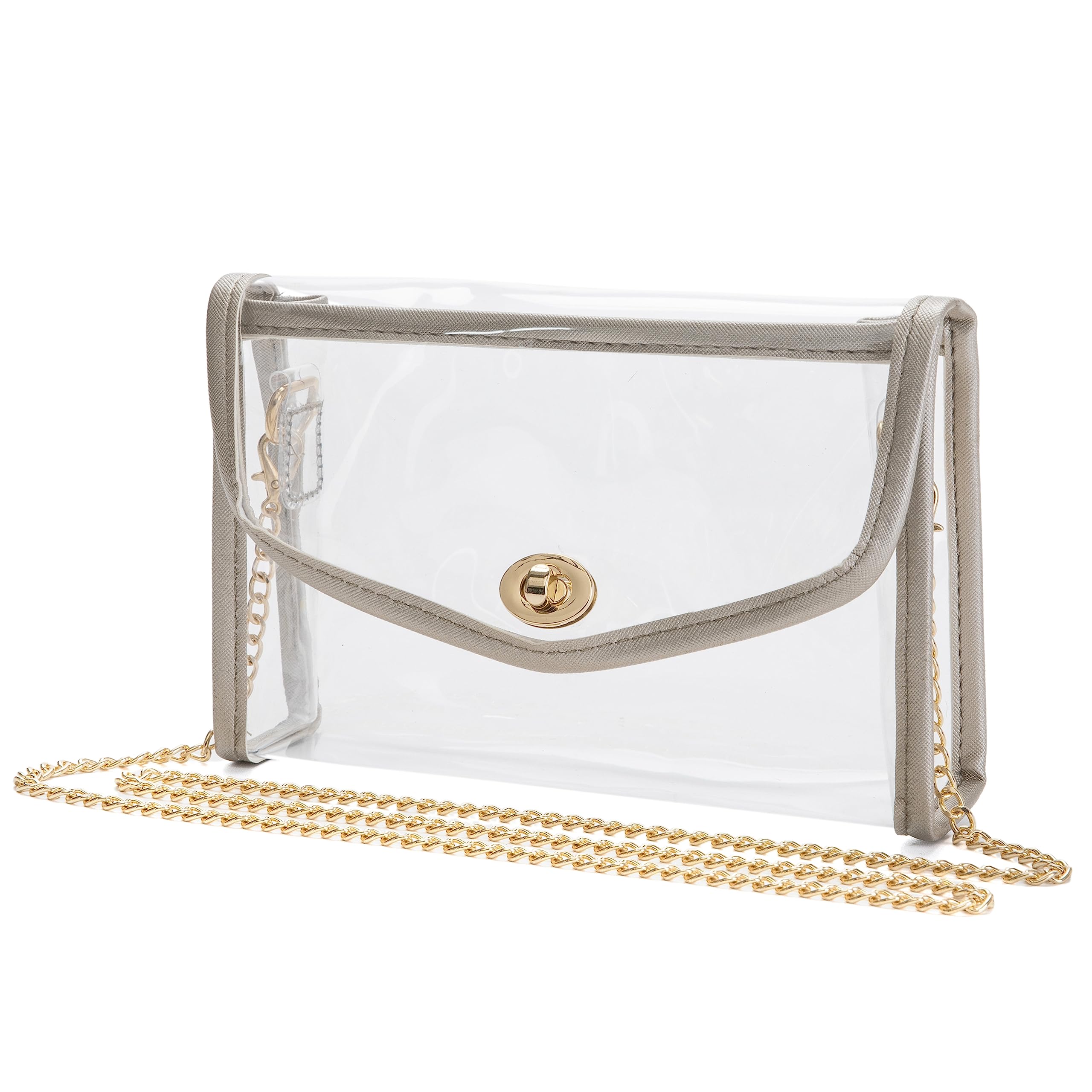 Veluckin Womens Transparent Clutch Clear PVC Purse Fashion Crossbody with Golden Chain Strap PGA Stadium Approved Bags