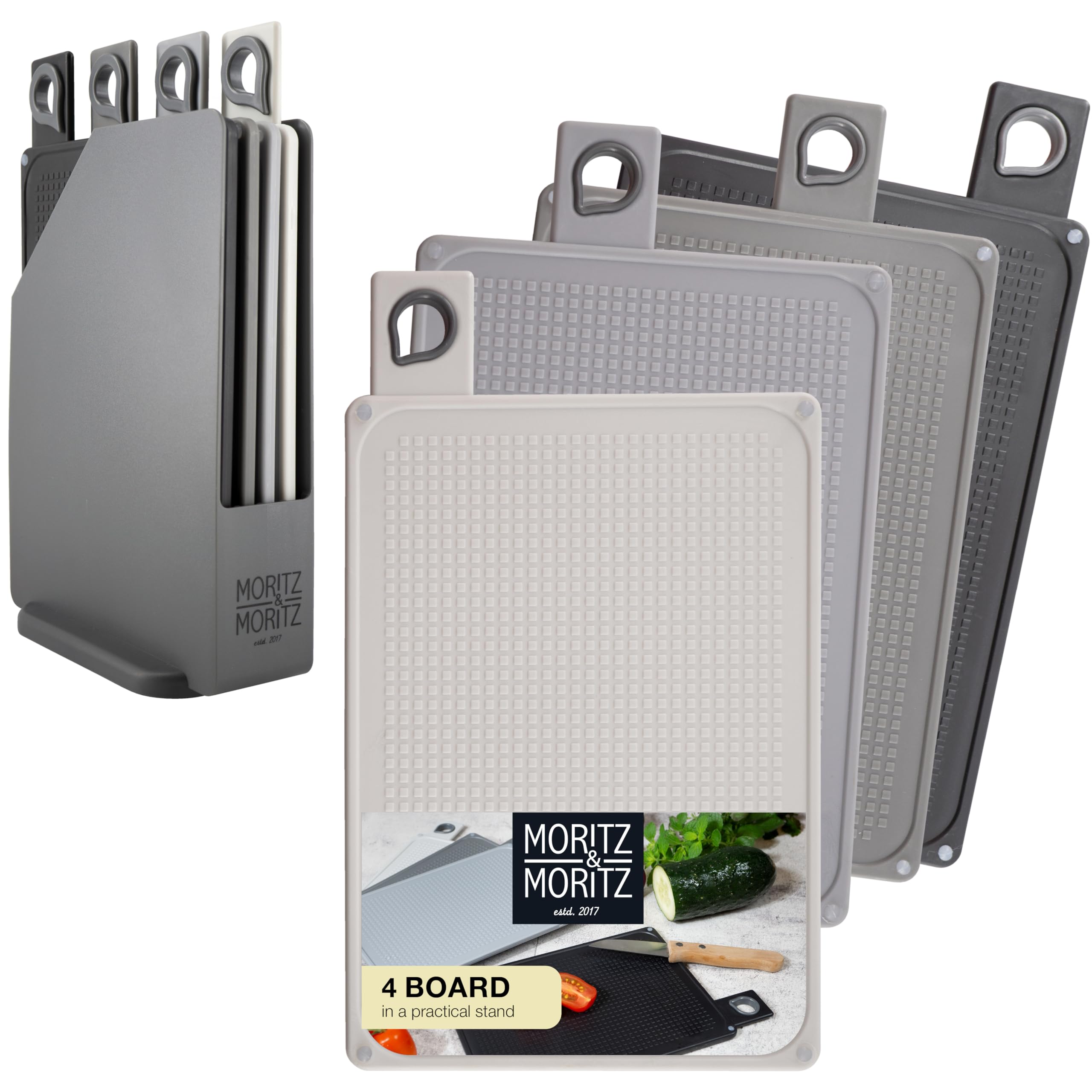 Moritz & Moritz 4X Grey Chopping Board Set with Stand 20.5 x 14.7 cm - Chopping Boards for Kitchens with Anti-Slip Studs for Safe Cutting - Cutting Boards in a Cutting Board Stand