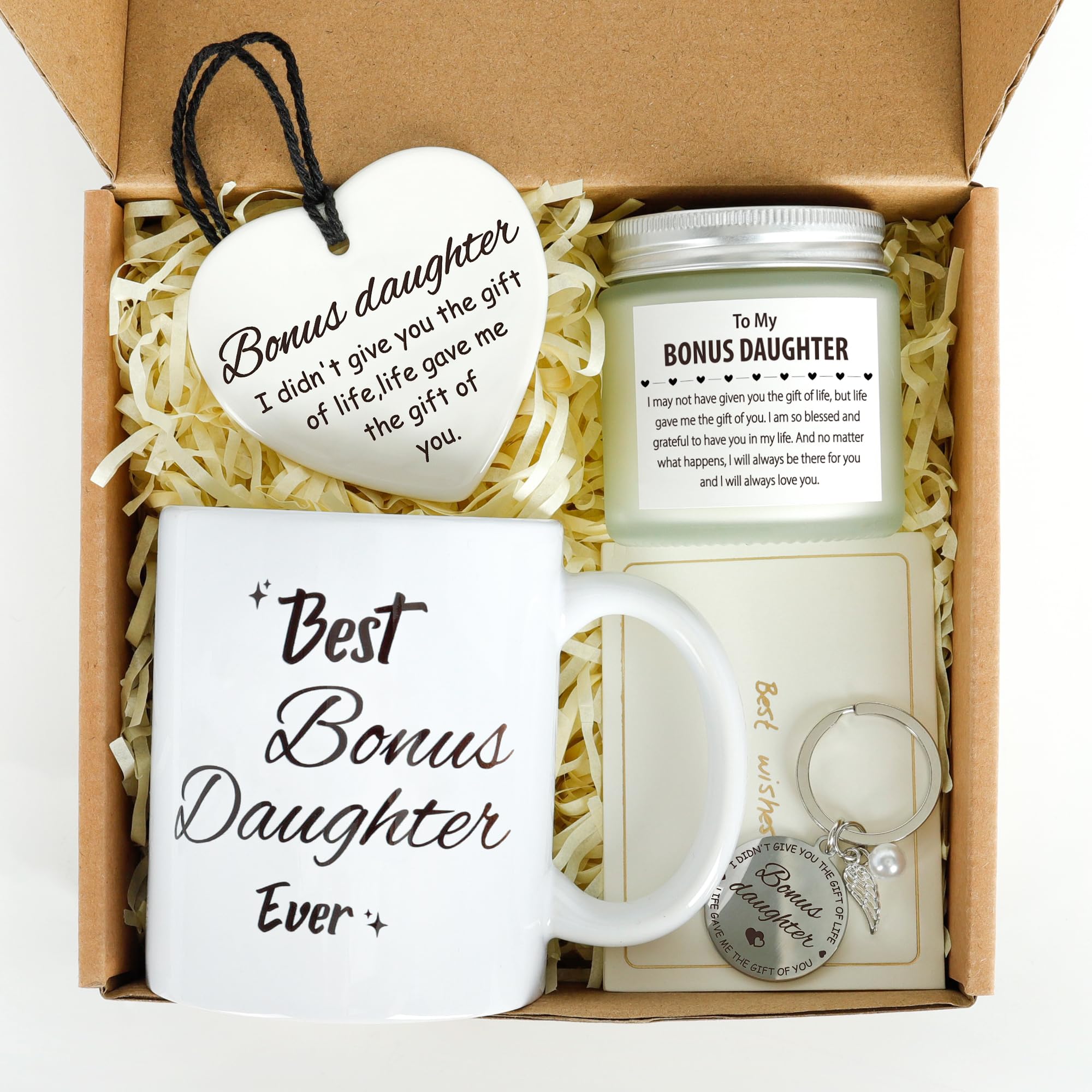 Splandiant Bonus Daughter Gifts-Stepdaughter Gift from Stepmom/Stepdad, Birthday Present Gifts for Stepdaughter with Mug,Candle,Keychain,Ceramic Ornamen